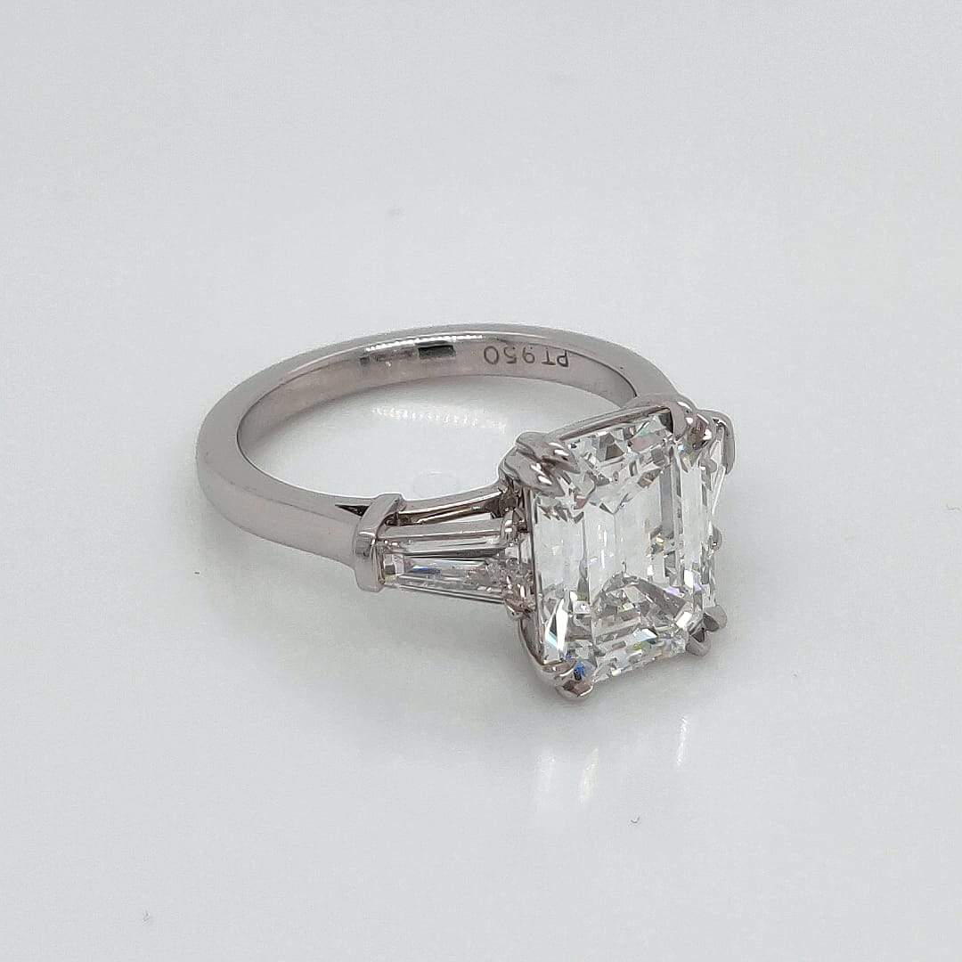 "ENGR03323" Emerald Cut GIA Diamond With Baguettes Three Stone Engagement Ring In Platinum