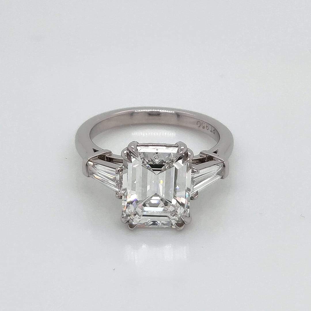 "ENGR03323" Emerald Cut GIA Diamond With Baguettes Three Stone Engagement Ring In Platinum