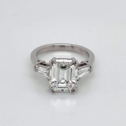 "ENGR03323" Emerald Cut GIA Diamond With Baguettes Three Stone Engagement Ring In Platinum