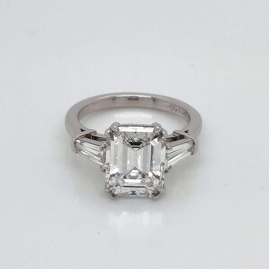 "ENGR03323" Emerald Cut GIA Diamond With Baguettes Three Stone Engagement Ring In Platinum