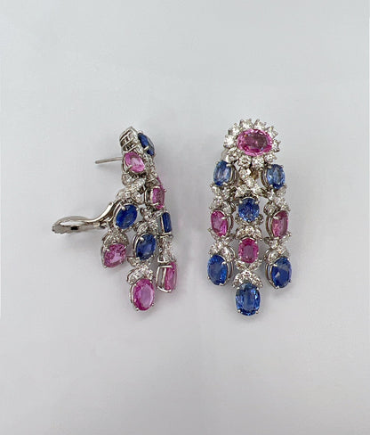 17” Inch 89.98 Total Carat Multicolor Sapphire and 26.98 Total Carat Diamond Necklace and Earrings Set in Platinum Setting