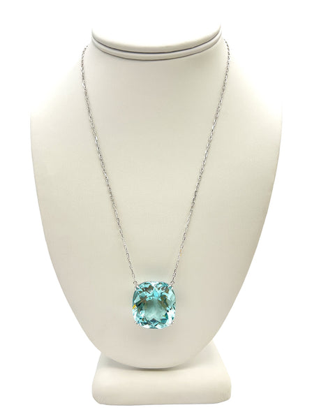 Splendid 48.46 Carat Cushion Cut Aquamarine Pendant in a 14 Karat White Gold Chain, GIA