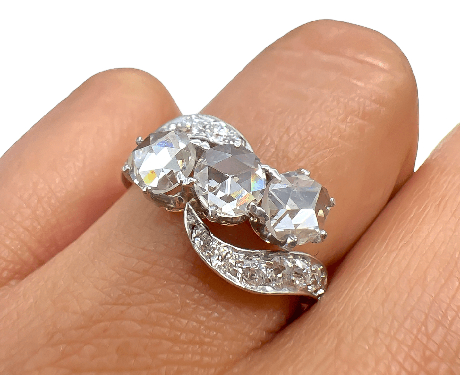 2.10 Total Carat Three-Stone Vintage Gold Ring with Pave Diamonds