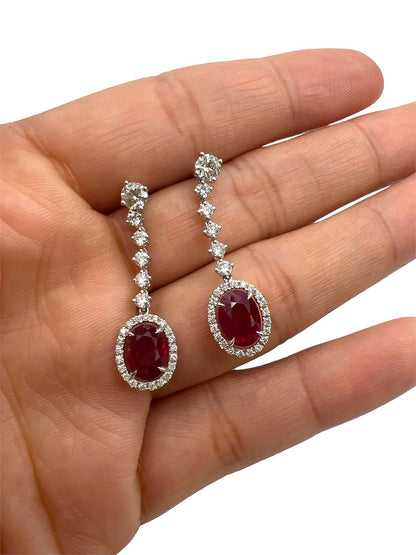 5.21 Total Carat Ruby and Diamond Drop Earrings in 18K White Gold