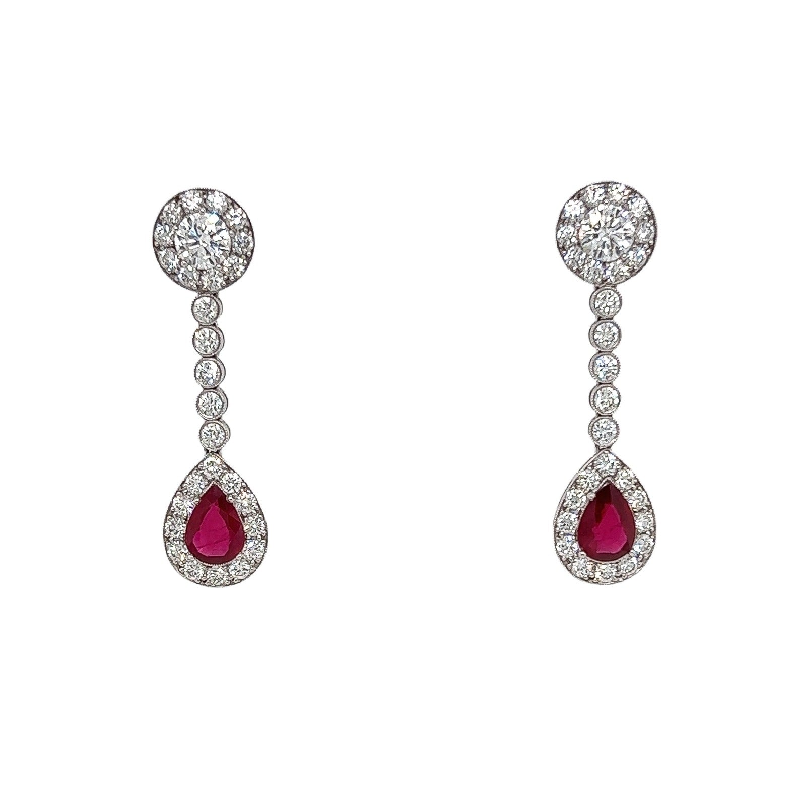 4.94 Total Carat Ruby and Diamond Drop Earrings in Platinum