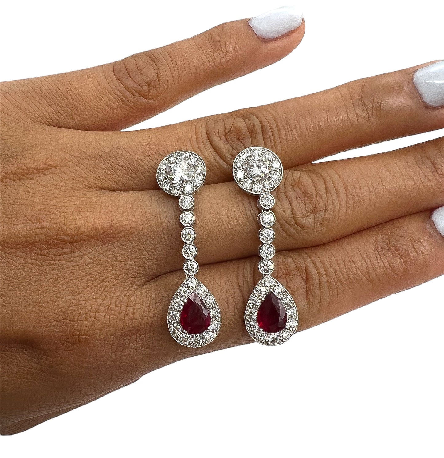4.94 Total Carat Ruby and Diamond Drop Earrings in Platinum