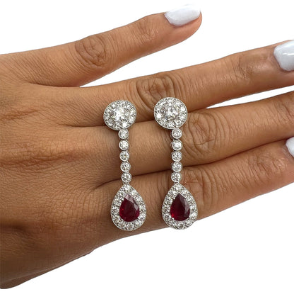 4.94 Total Carat Ruby and Diamond Drop Earrings in Platinum