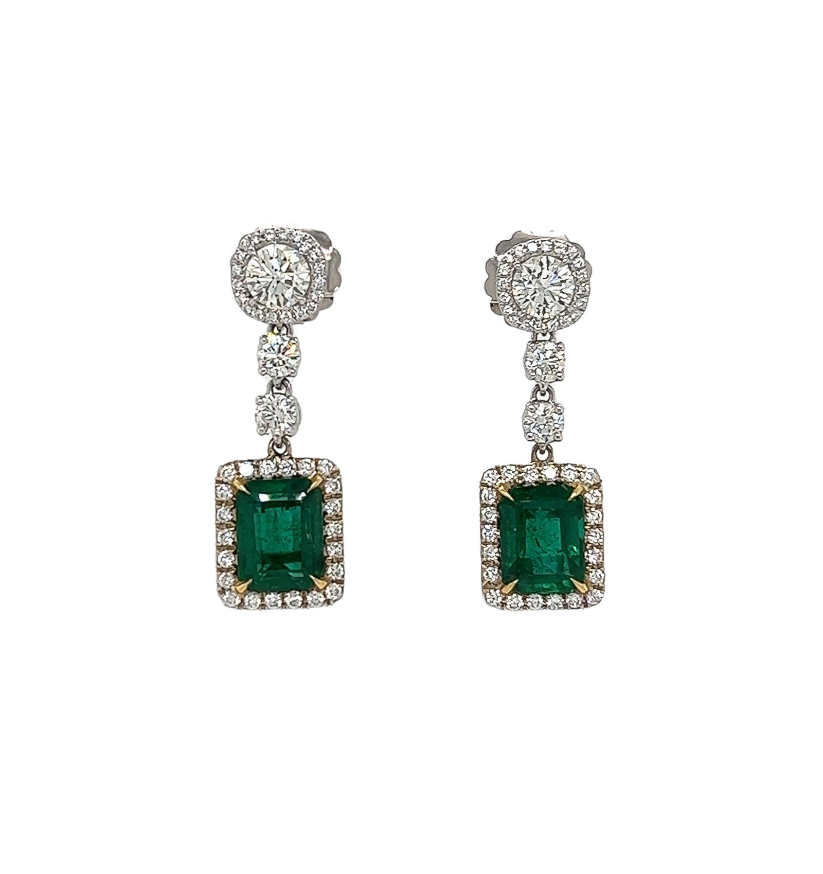 8.47 Total Carat Emerald and Diamond Drop Earrings in 18K White Gold