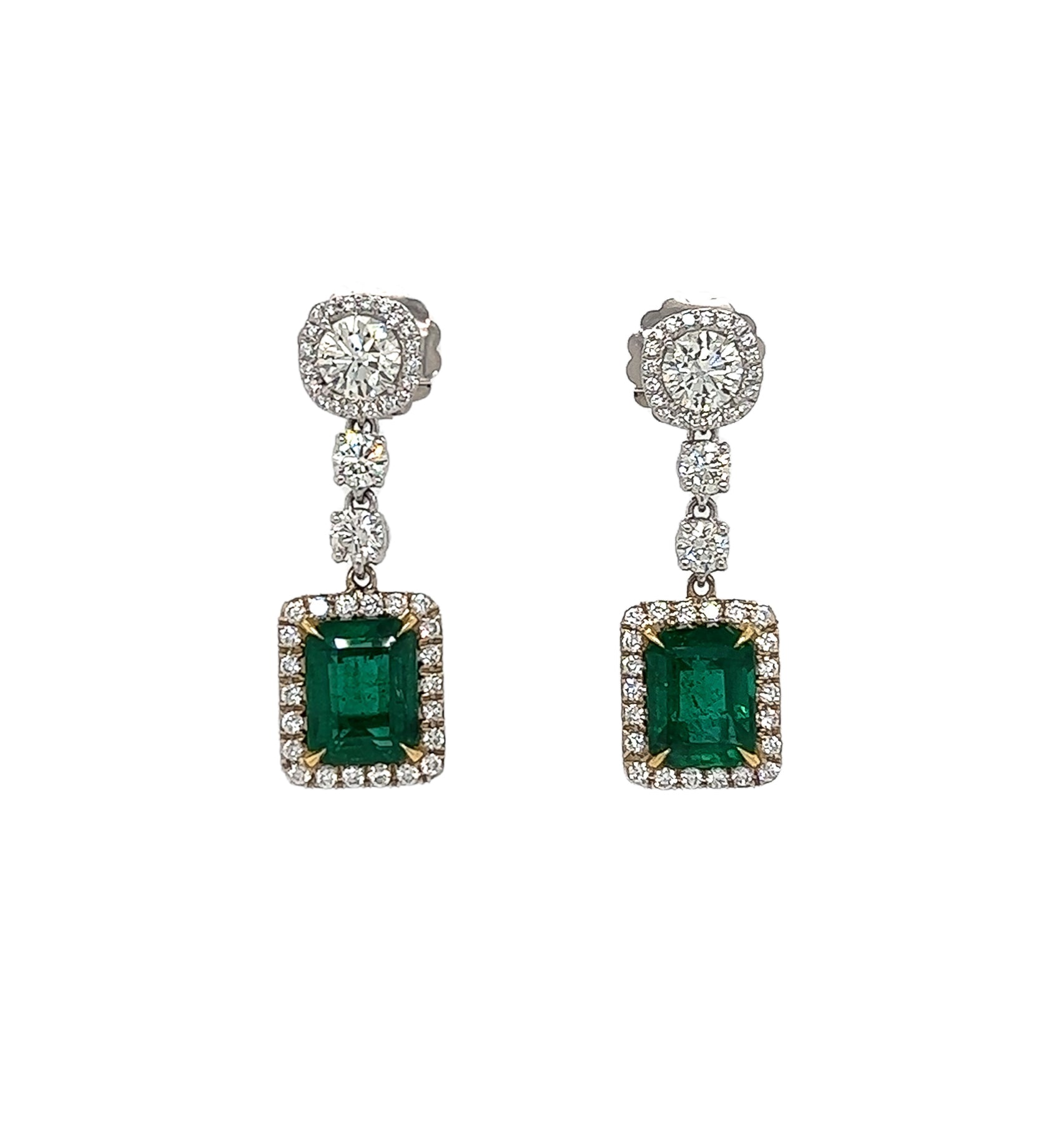 8.47 Total Carat Emerald and Diamond Drop Earrings in 18K White Gold