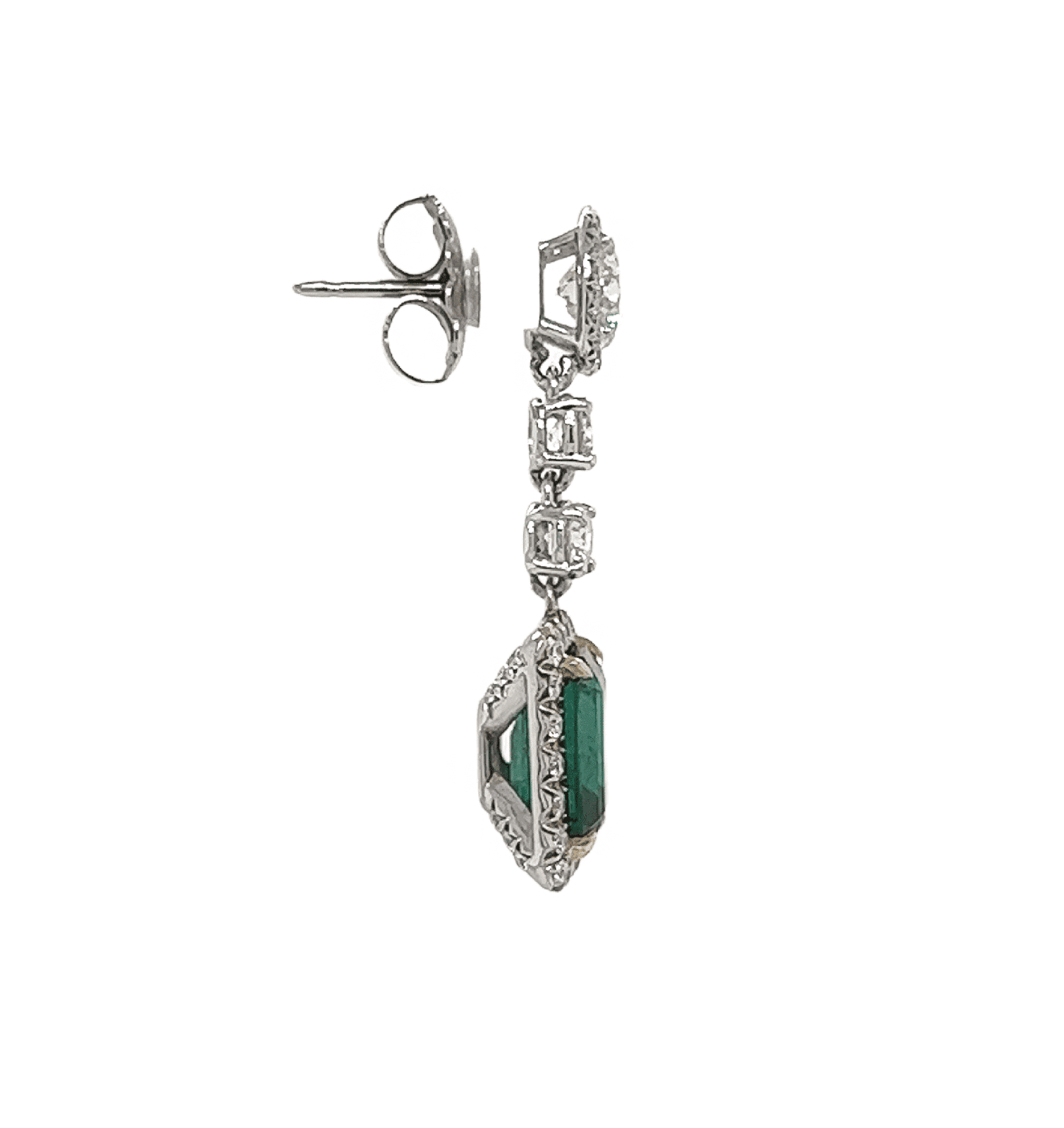 8.47 Total Carat Emerald and Diamond Drop Earrings in 18K White Gold