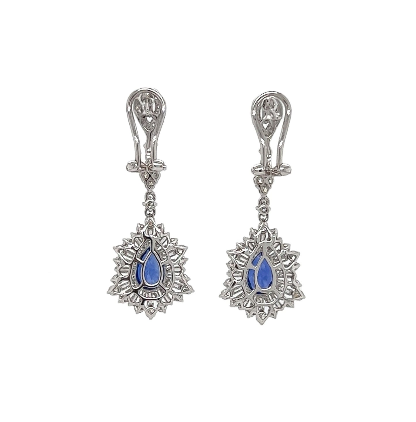 4.38 Total Carat Sapphire with Baguette and Round Diamond Earrings in 18K White Gold