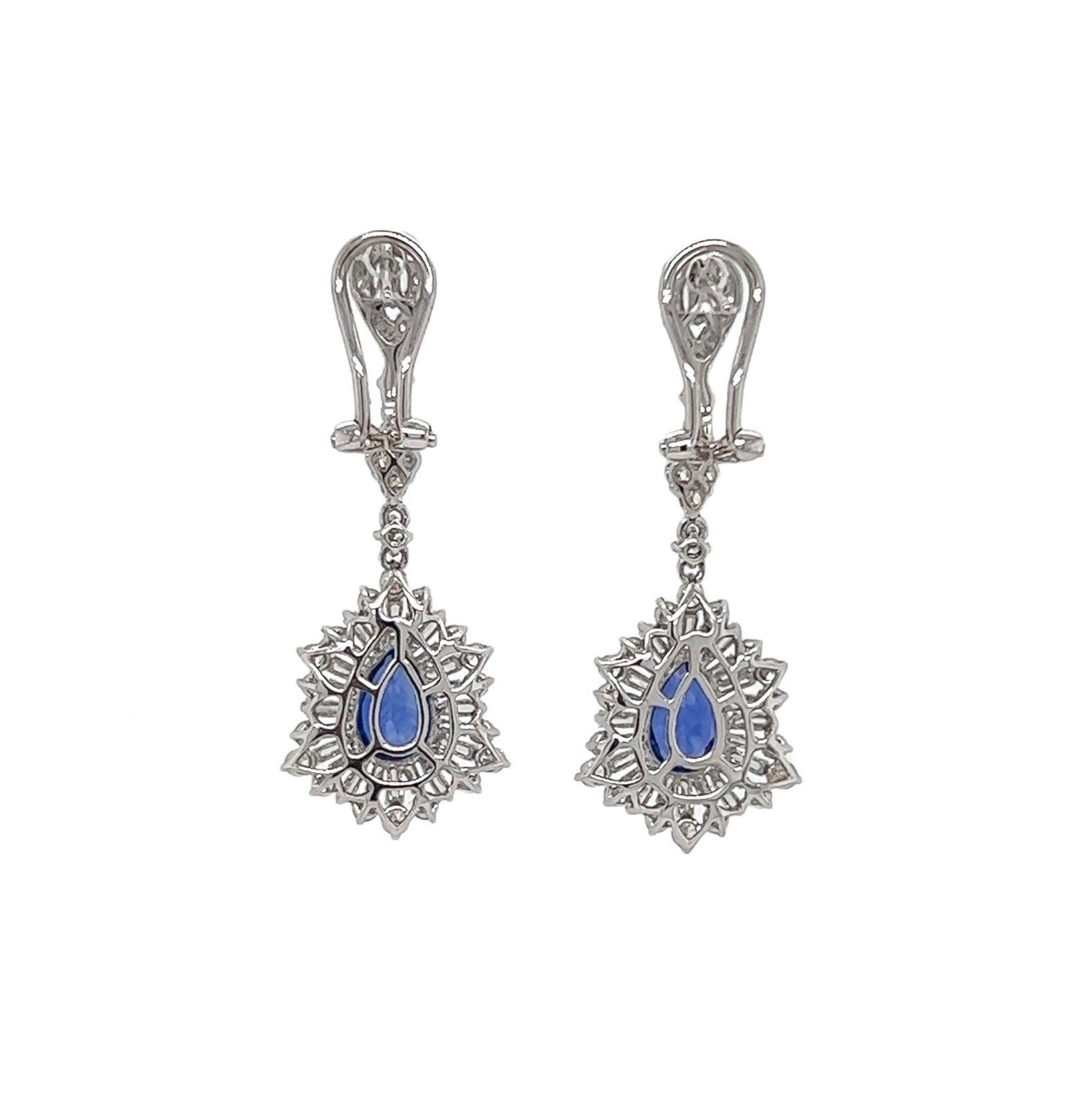 4.38 Total Carat Sapphire with Baguette and Round Diamond Earrings in 18K White Gold