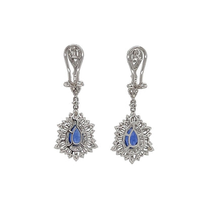 4.38 Total Carat Sapphire with Baguette and Round Diamond Earrings in 18K White Gold