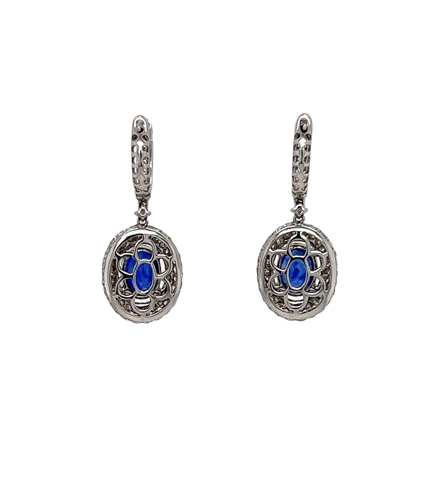 5.01 Total Carat Blue Sapphire Dangle Earrings with Pave Diamond Halo in 18K White Gold