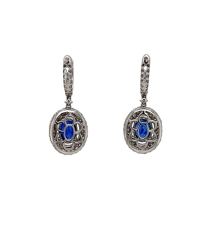 5.01 Total Carat Blue Sapphire Dangle Earrings with Pave Diamond Halo in 18K White Gold