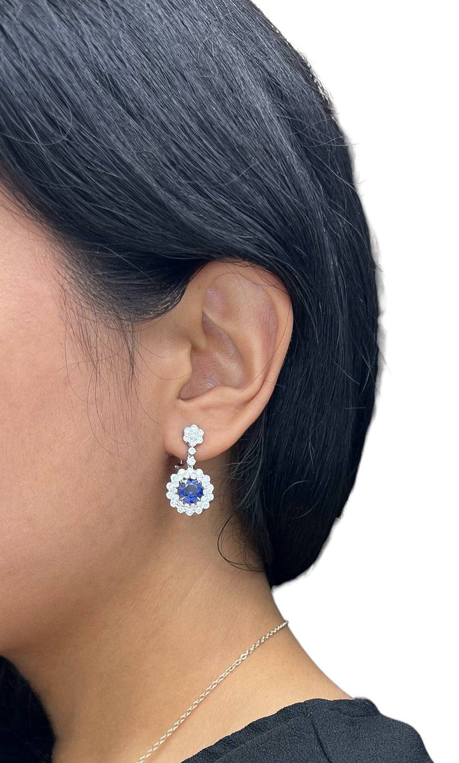 5.71 Total Carat Blue Sapphire Drop Earrings with Bezel set Double-Halo Diamond in 18K White Gold