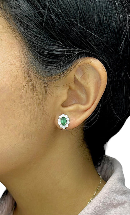 2.67 Total Carat Emerald and Diamond Halo Clip on Earrings in 18K White Gold