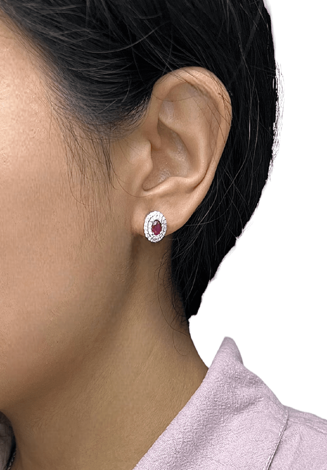 1.58 Total Carat Oval Ruby and Diamond Pushback Earrings in 18K White Gold