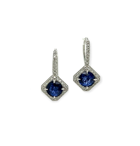1.65 Total Carat Sapphire and Diamond Drop Earrings - 18K White Gold