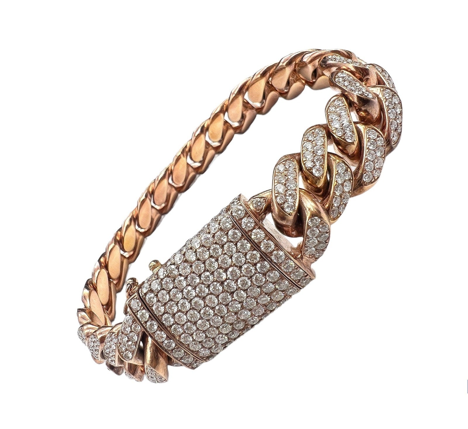 11.5 Carat Unisex 14K Rose Gold Iced Out Cuban Link Diamond Bracelet, 113g 8"