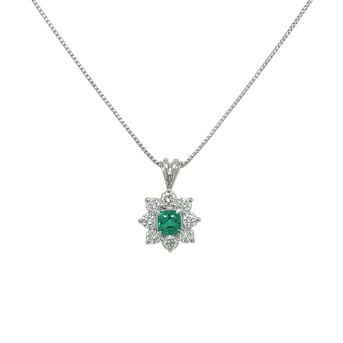 0.78 Total Carat Emerald and Diamond Pendant Necklace in Platinum