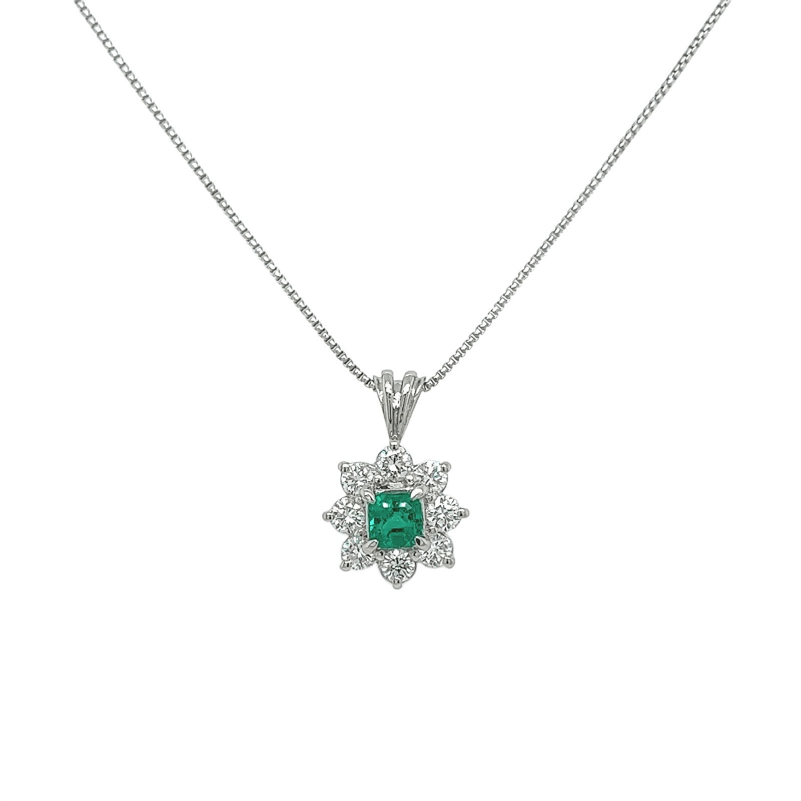 0.78 Total Carat Emerald and Diamond Pendant Necklace in Platinum