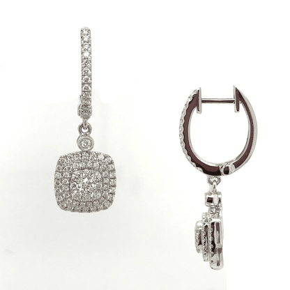 Square Shaped Halo Diamond Drop Earrings in 18K White Gold