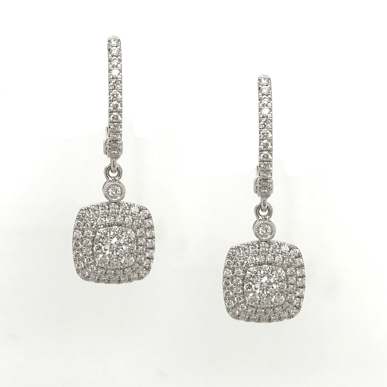 Square Shaped Halo Diamond Drop Earrings in 18K White Gold