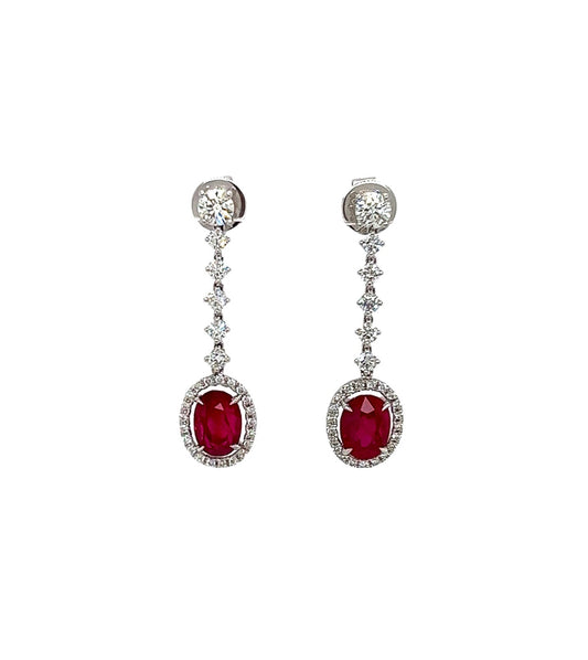 5.21 Total Carat Ruby and Diamond Drop Earrings in 18K White Gold