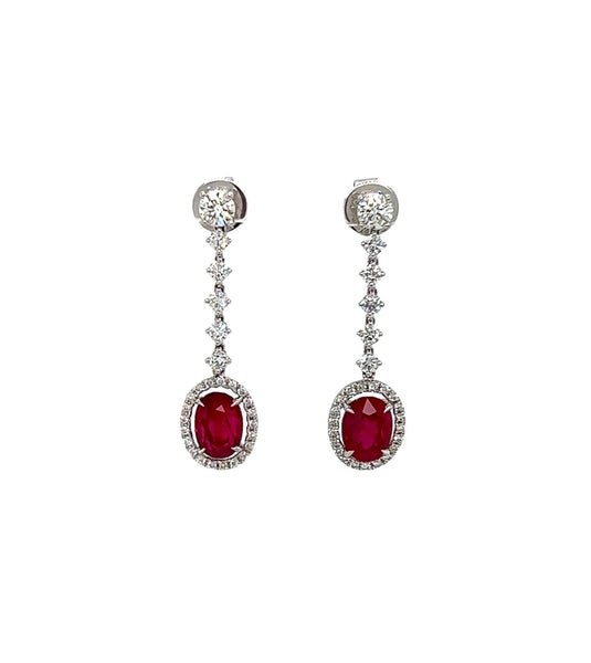 5.21 Total Carat Ruby and Diamond Drop Earrings in 18K White Gold