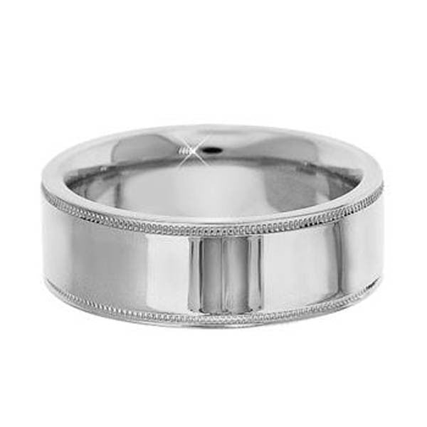 "WEDB01096" 7mm 14KW Gold Wedding Band With Milgrain in 14K White Gold 7mm
