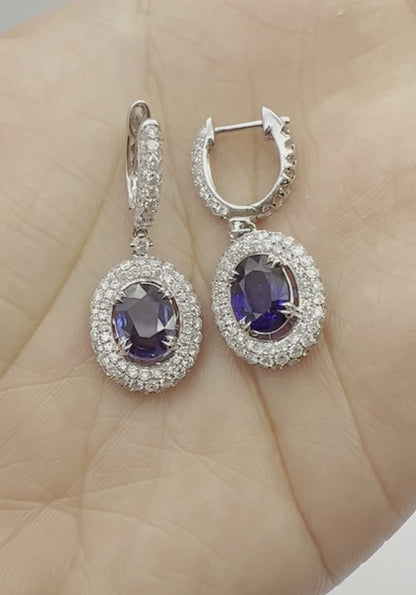5.01 Total Carat Blue Sapphire Dangle Earrings with Pave Diamond Halo in 18K White Gold