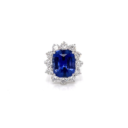 10.09 Total Carat Sapphire and Diamond Halo Ladies Engagement Ring GIA
