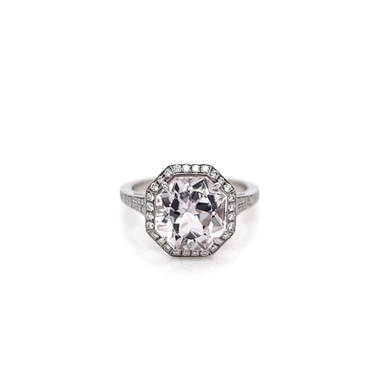 4.45 Total Carat Kunzite and Diamond Halo Pave-Set Ladies Ring