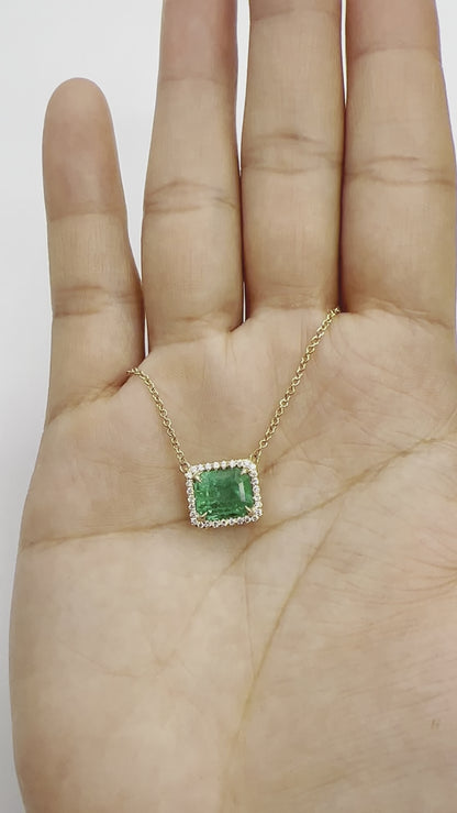 3.0 Total Carat Emerald and Diamond Pendant Necklace in 18K Yellow Gold