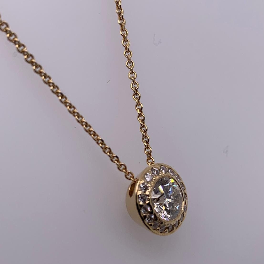 "PEND01203" 18K Yellow Gold One Carat Diamond Pendant With Diamond Halo