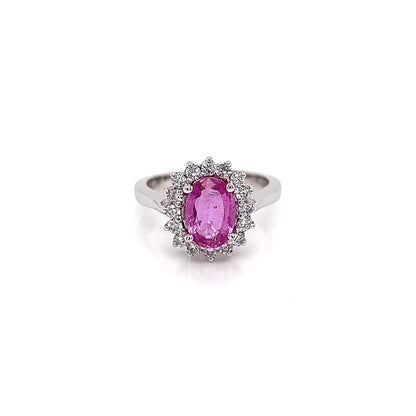 2.16 Total Carat Pink Sapphire Diamond Halo Ladies Ring