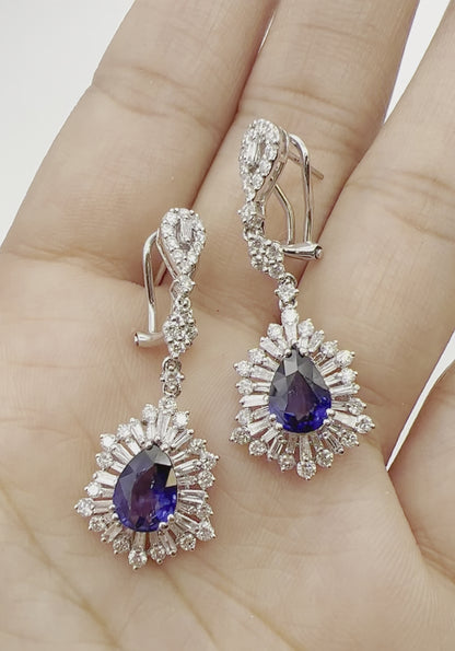 4.38 Total Carat Sapphire with Baguette and Round Diamond Earrings in 18K White Gold