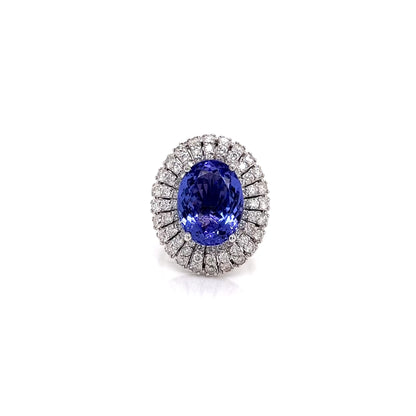 10.52 Total Carat Blue Tanzanite and Diamond Three Row Halo Ladies Ring