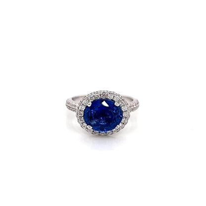 4.40 Total Carat Sapphire and Diamond Halo Pave-Set Ladies Engagement Ring. GIA Certified.