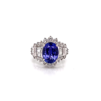 6.18 Total Carat Tanzanite and Diamond Ladies Engagement Ring in 14K White Gold