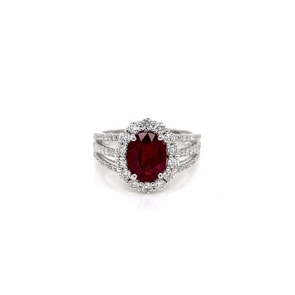 2.90 Total Carat Oval Ruby and Diamond Halo Ladies Ring. GIA Certified.