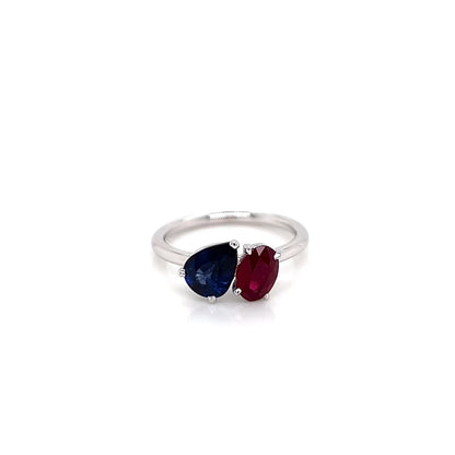 2.18 total Carat Pear Shaped Sapphire and Oval Shaped Ruby Two-Stone Ring in 14K White Gold