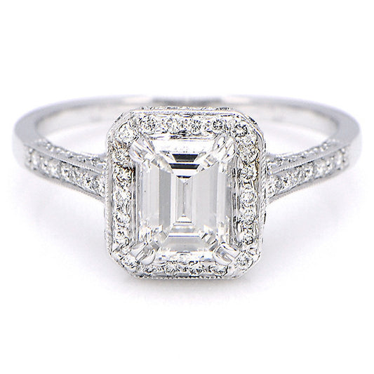 "ENGR02605" Emerald Cut Pave Halo Vintage Inspired Engagement Ring