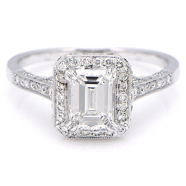 "ENGR02605" Emerald Cut Pave Halo Vintage Inspired Engagement Ring