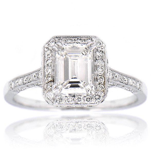 "ENGR02605" Emerald Cut Pave Halo Vintage Inspired Engagement Ring