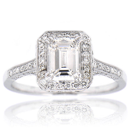 "ENGR02605" Emerald Cut Pave Halo Vintage Inspired Engagement Ring