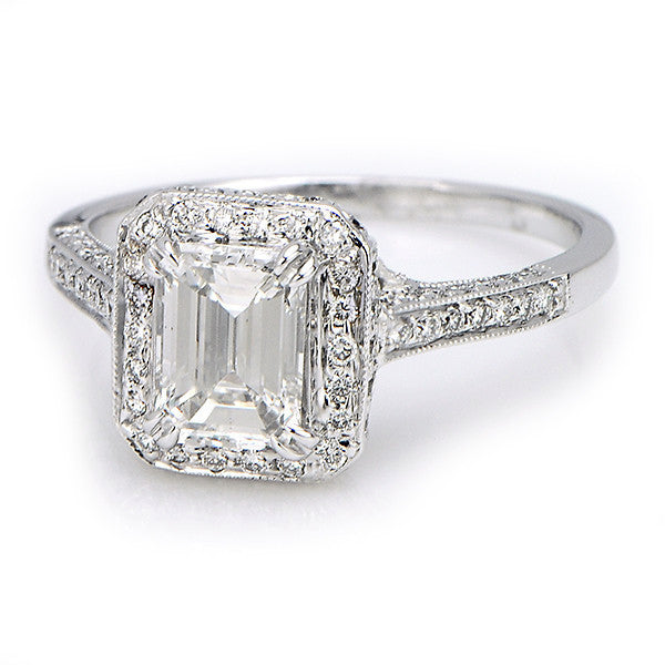 "ENGR02605" Emerald Cut Pave Halo Vintage Inspired Engagement Ring