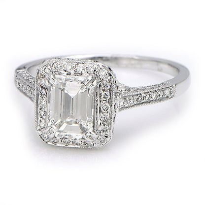 "ENGR02605" Emerald Cut Pave Halo Vintage Inspired Engagement Ring