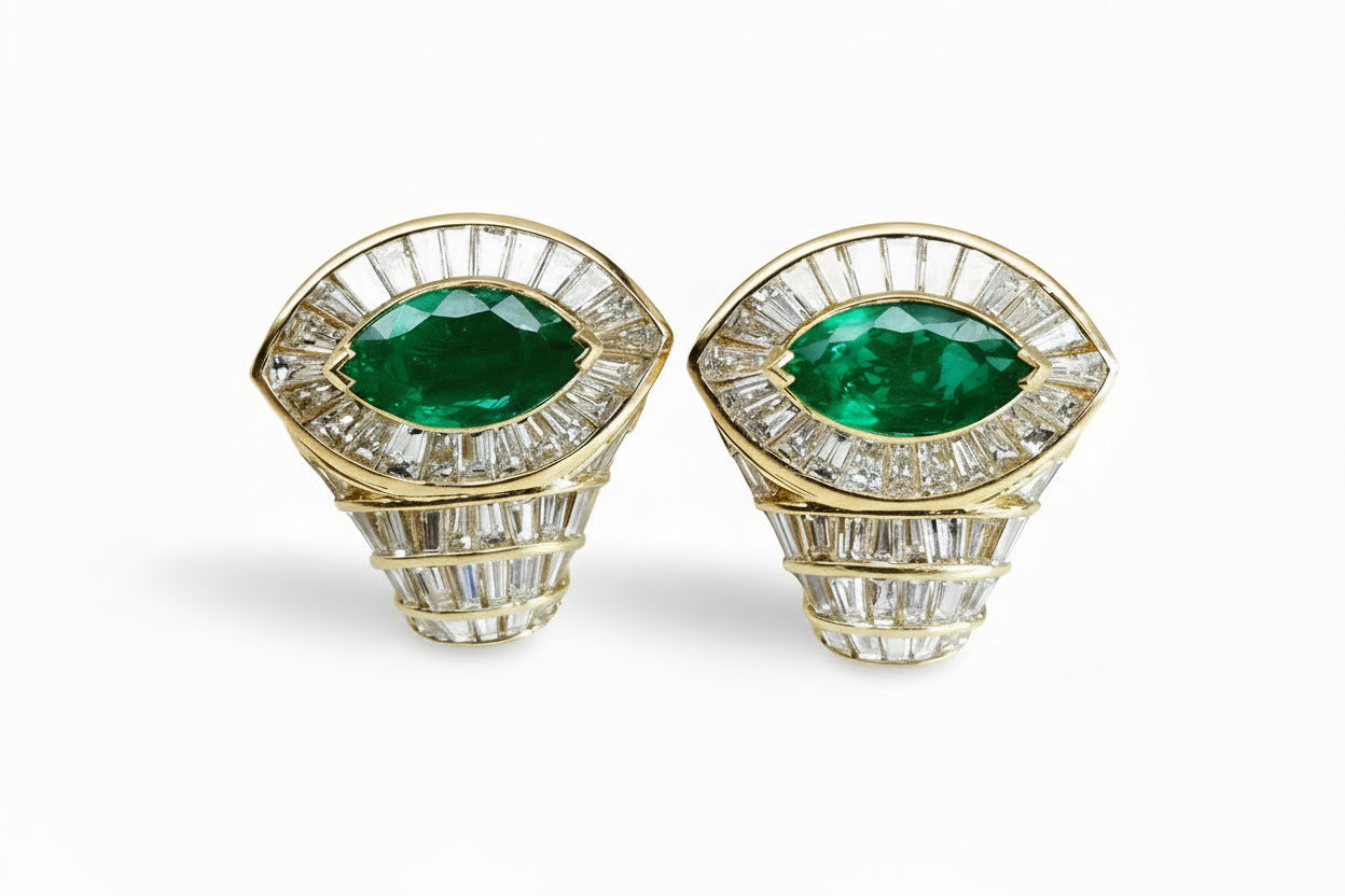 5.10 Total Carat 18K Yellow Gold Diamond & Colombian Marquise Emerald Earrings